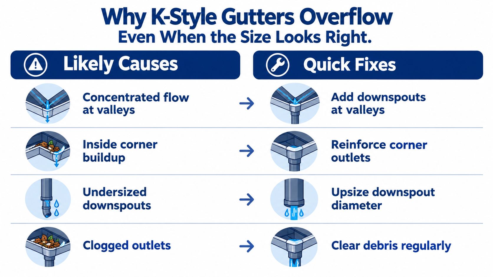 An infographic illustrating four common causes for K-style gutter overflow and their corresponding quick fix solutions.