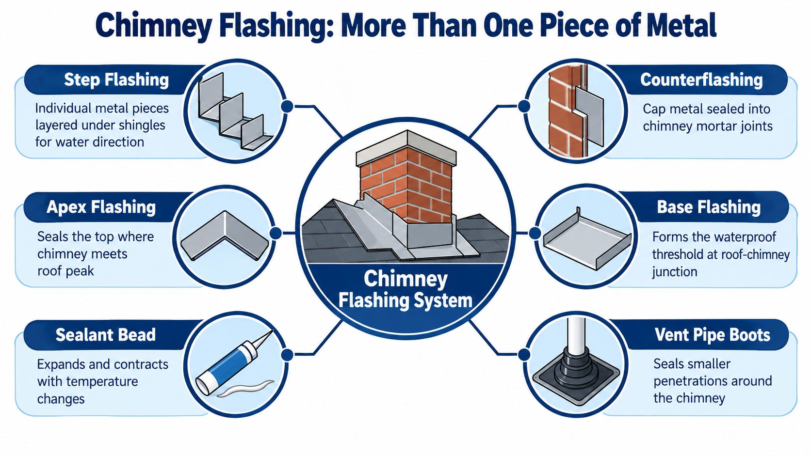 An infographic illustrating various components of a chimney flashing system for home roofing maintenance and protection.