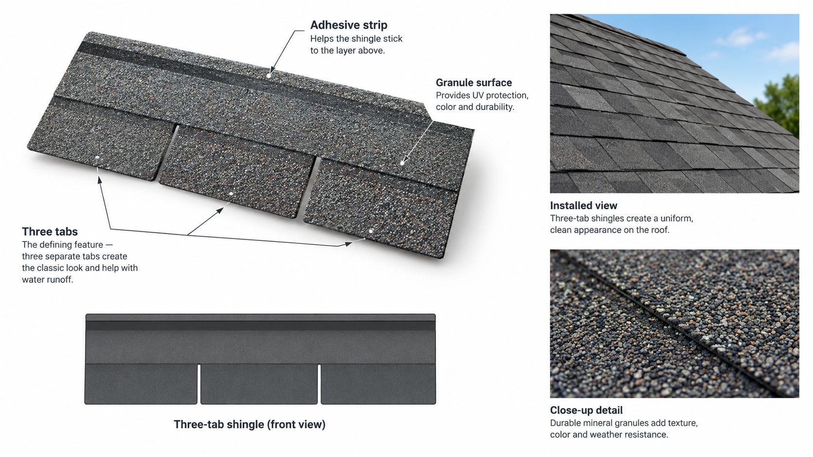 An educational diagram illustrating the components of three-tab roofing shingles, including adhesive strips, granule surfaces, and installation details.