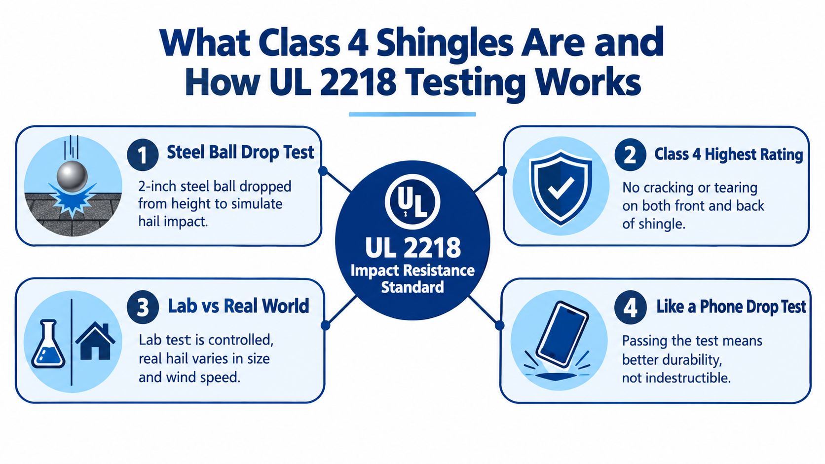 An infographic explaining Class 4 shingle UL 2218 impact resistance testing and its significance for roofing durability.