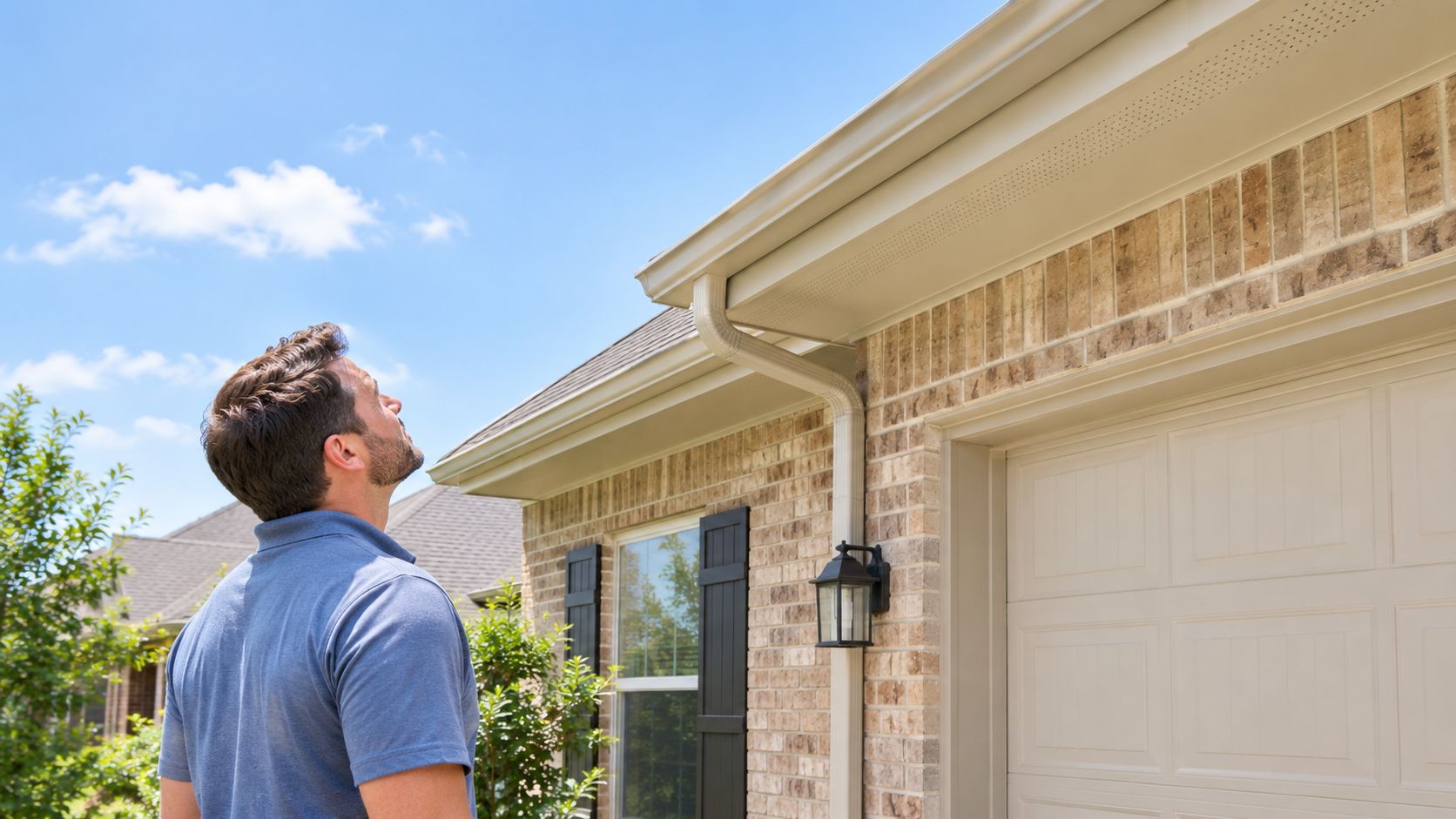 A man looking up at the exterior soffit and gutter system of a brick residential home.