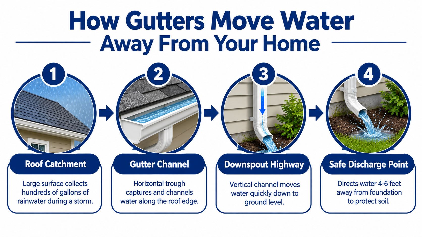 A diagram showing the four steps of how gutters move rainwater away from a house roof.