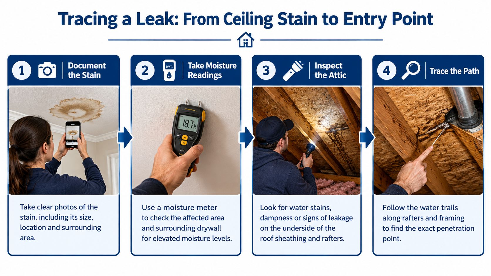 An infographic showing four steps to trace a roof leak, starting from documenting stains to finding entry points.