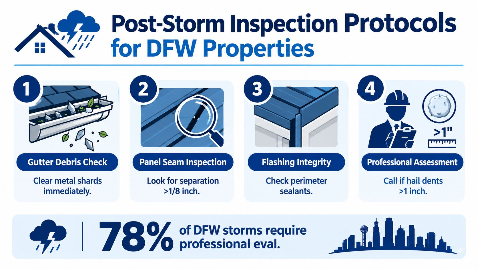 An infographic showing four post-storm inspection steps for metal roofing systems in DFW properties.