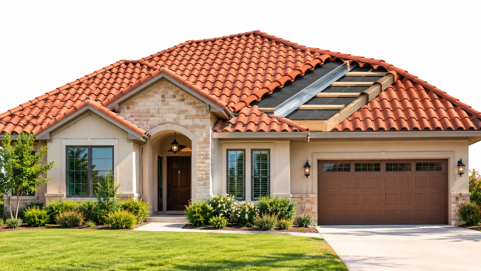 A luxurious house with a partial clay tile roof installation showing structural underlayment layers on the roof.