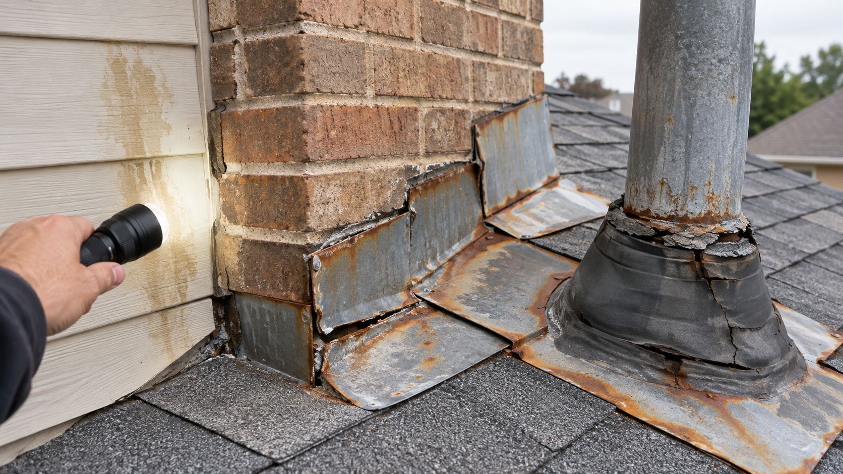 A close-up view of rusted chimney flashing and damaged roof sealant being inspected with a flashlight.