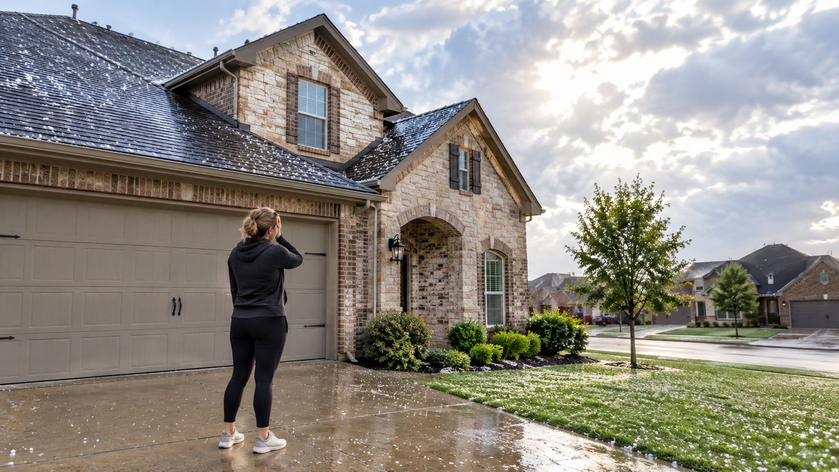 A concerned woman stands on her driveway looking at hail-covered shingles on her home after a storm.