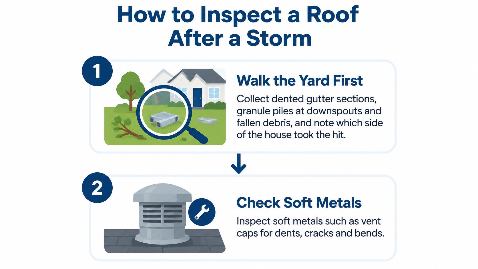 An infographic showing two steps to inspect a house roof for storm damage from the ground.