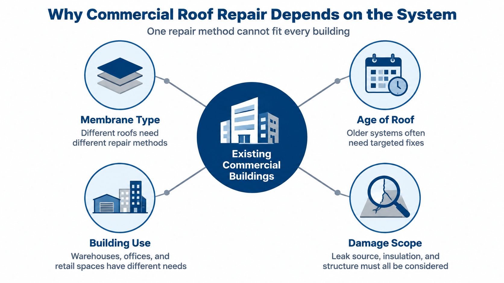 A diagram explaining factors affecting commercial roof repair including membrane type, building age, building use, and damage scope.