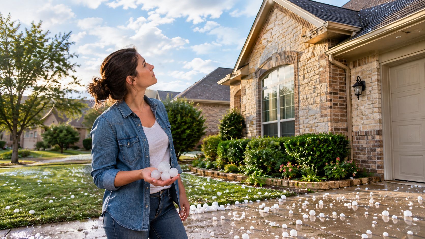A woman holding handful of large hailstones in front of a residential home after a storm.