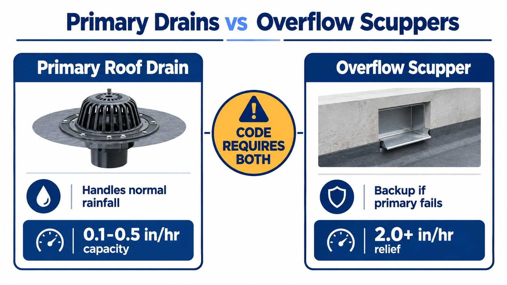 A comparative infographic showing the functions and flow capacities of primary roof drains versus overflow scuppers.