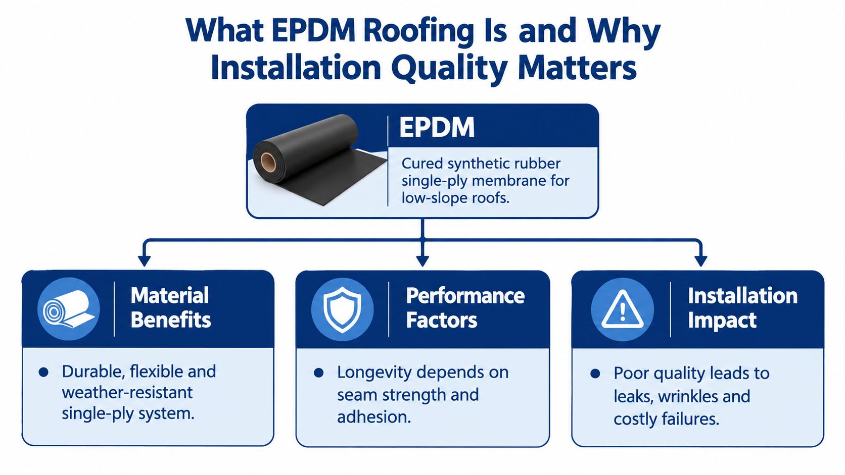 A diagram explaining EPDM roofing, highlighting its material benefits, performance factors, and the impact of installation quality.