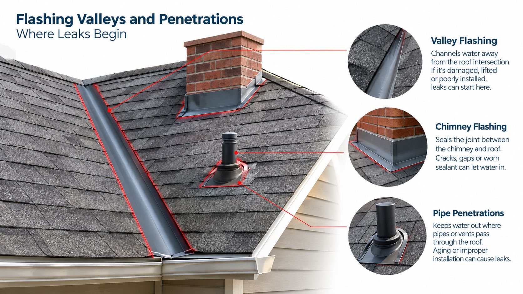 A diagram illustrating roof flashing areas on a residential roof including valleys, chimney, and pipe penetrations.