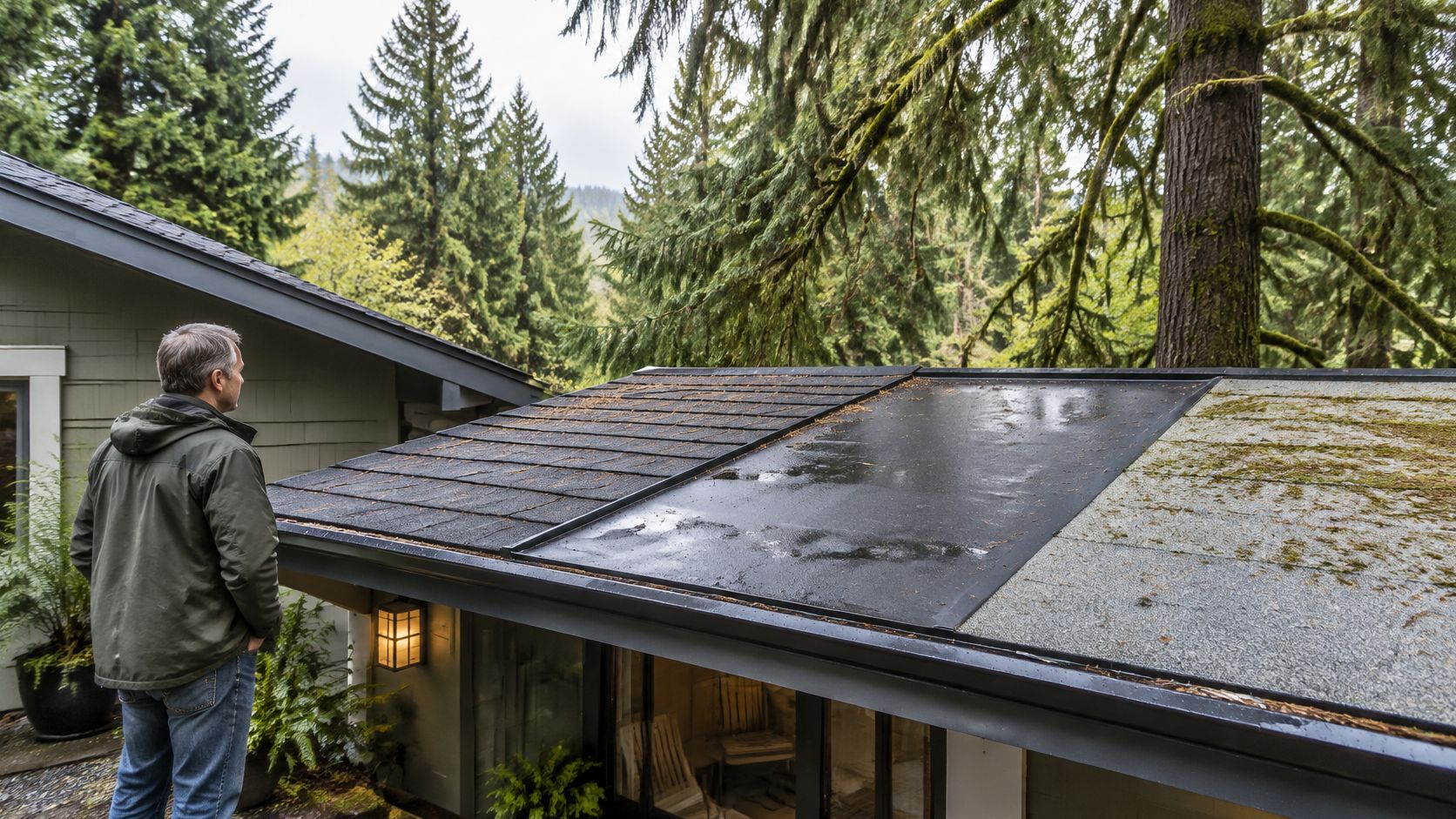 A man stands outdoors observing different types of low slope roofing material on a house roof.