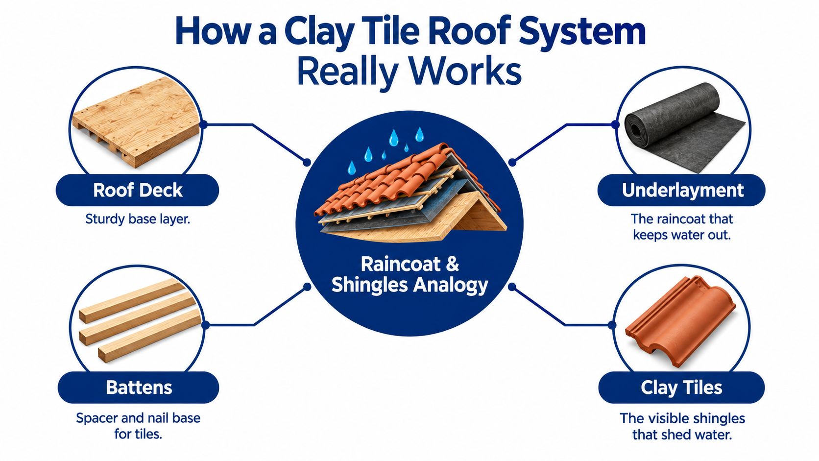 An infographic showing the components of a clay tile roof system including the deck, underlayment, battens, and tiles.