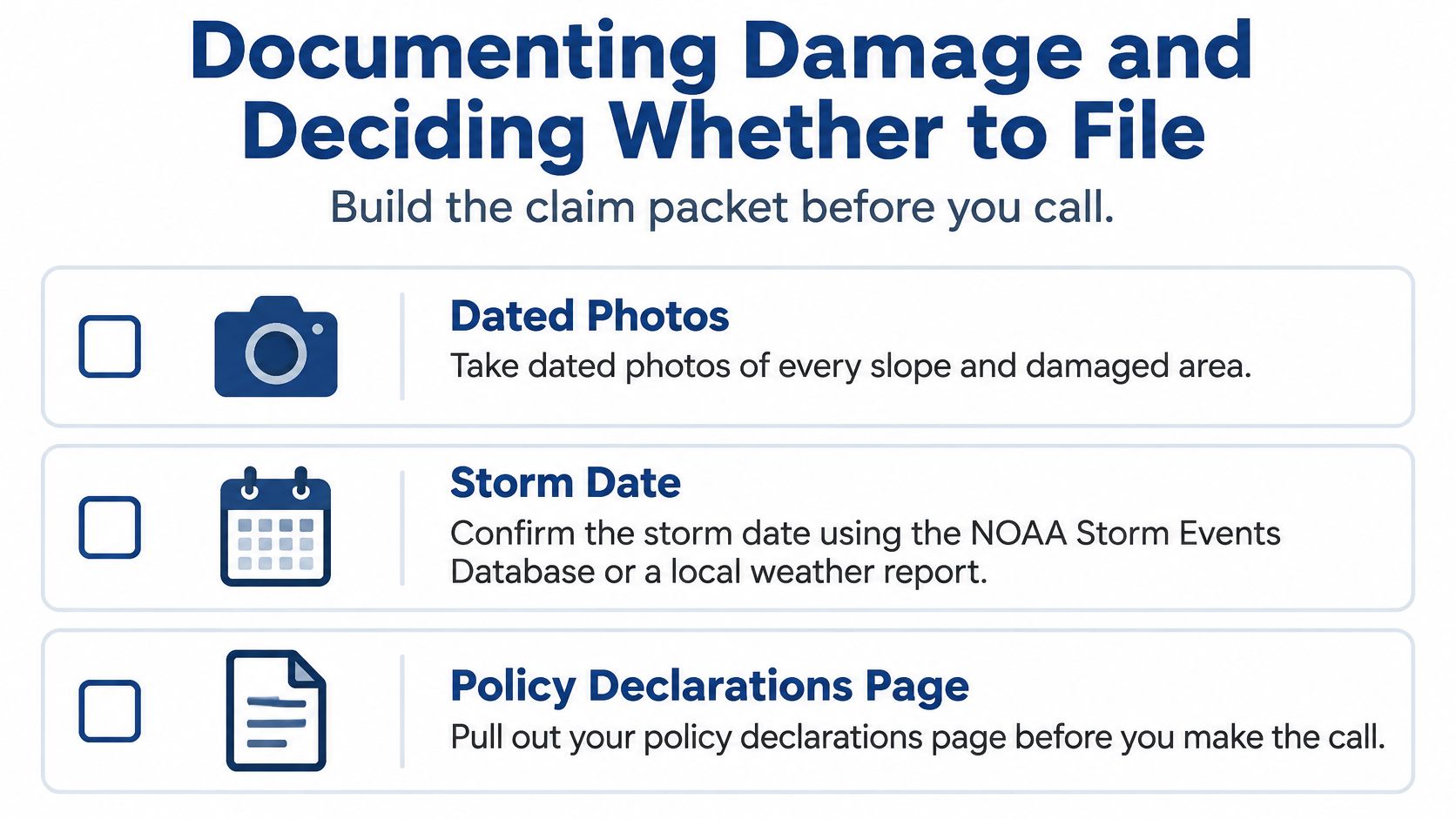 A checklist infographic titled Documenting Damage and Deciding Whether to File for storm damage claims.