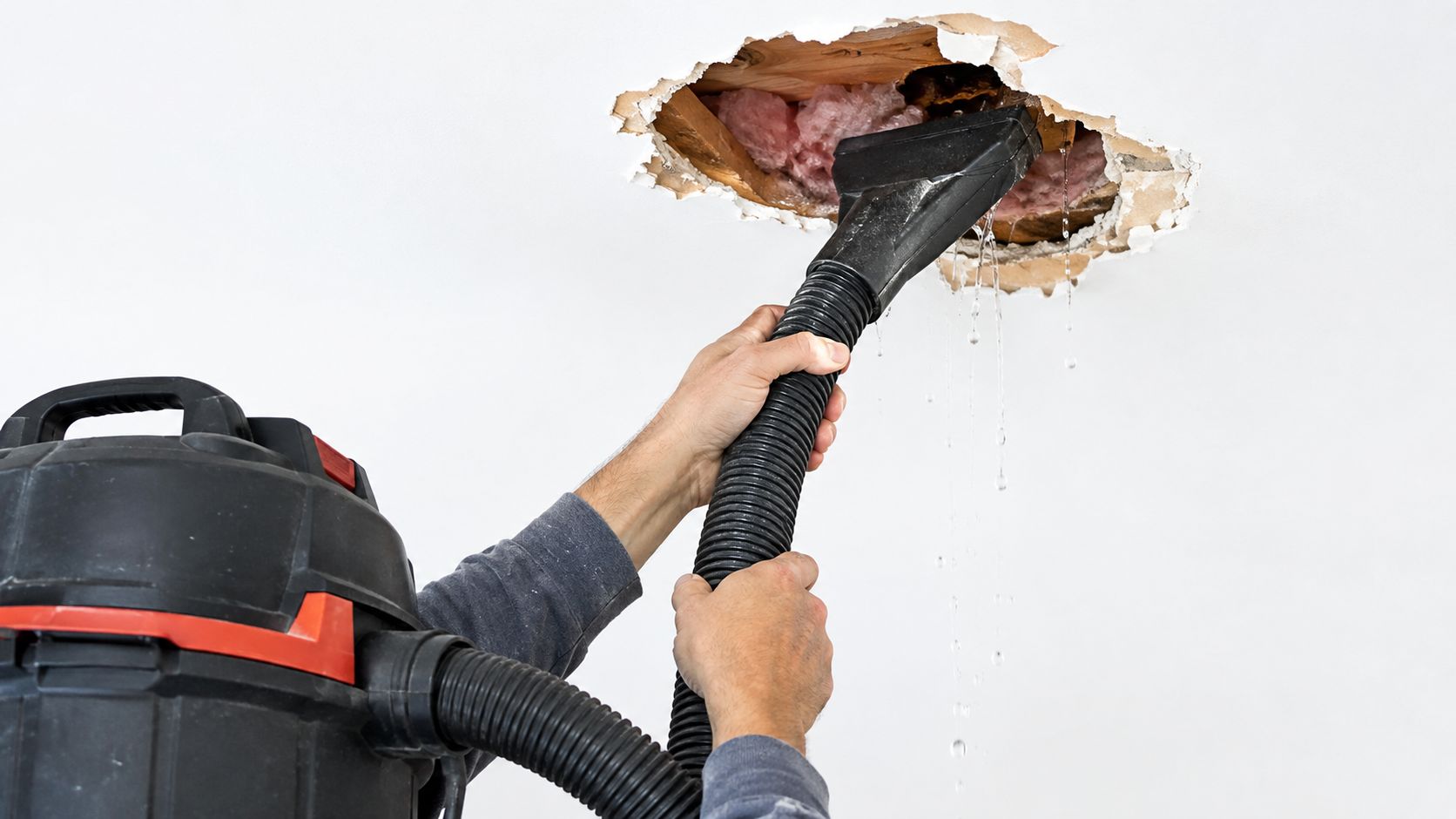 A person using a wet-dry vacuum to clear water leaking through a damaged section of the ceiling.