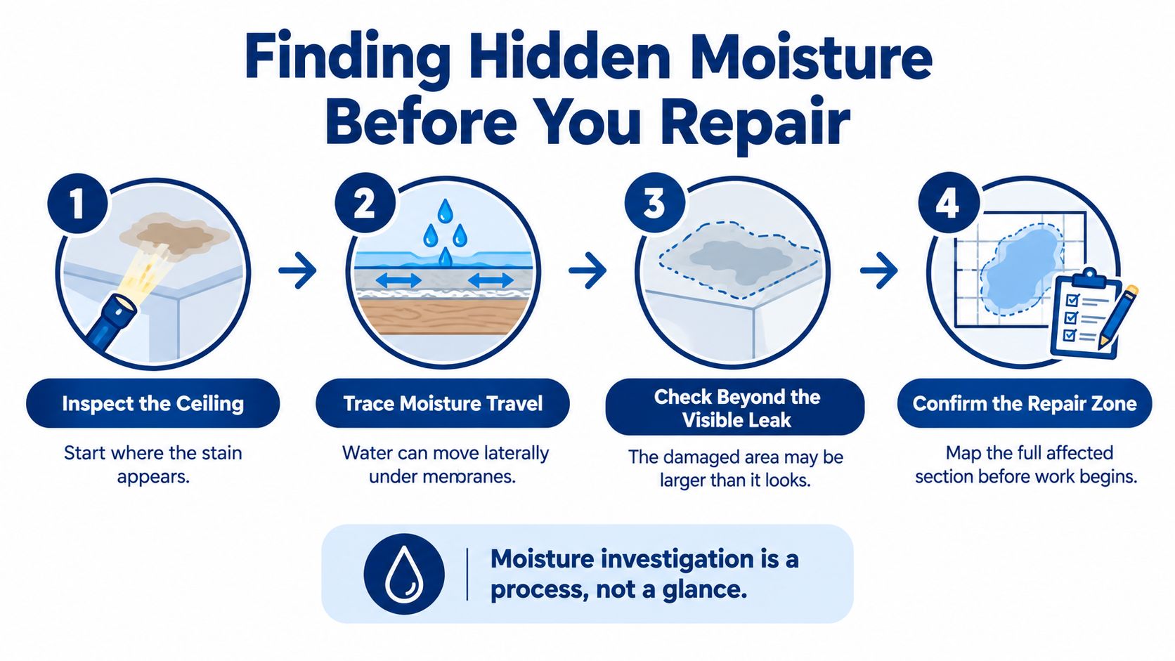 An infographic showing four steps for finding hidden moisture in a commercial roof before beginning repairs.