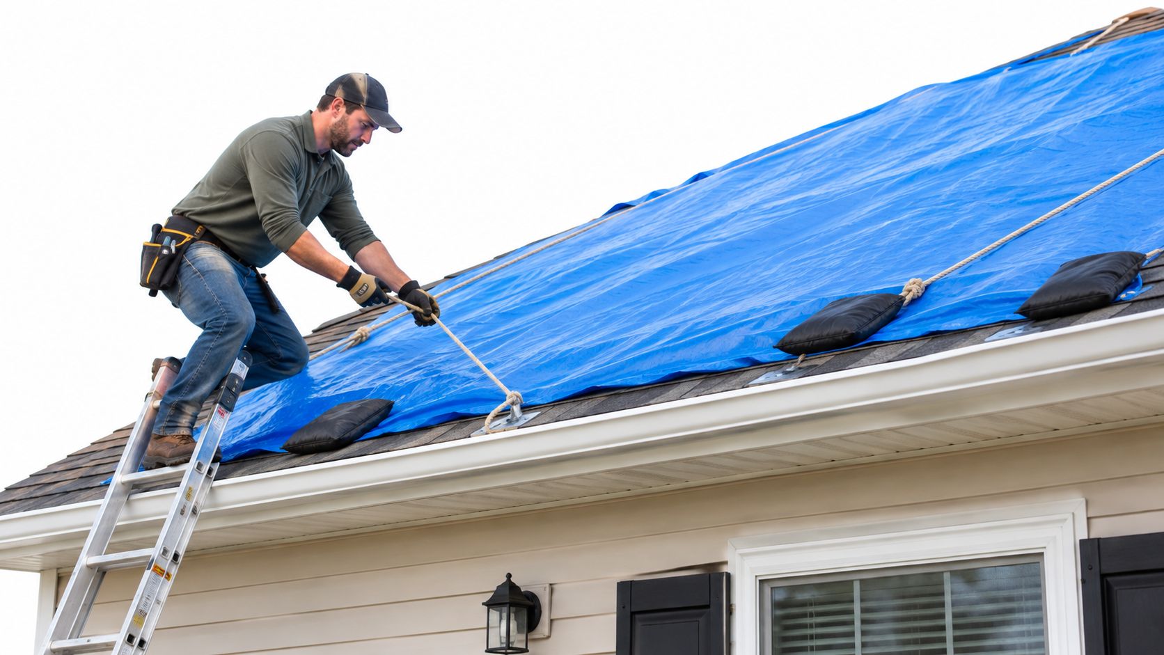 A professional roofer installing a blue tarp on a residential roof to manage a leak repair.