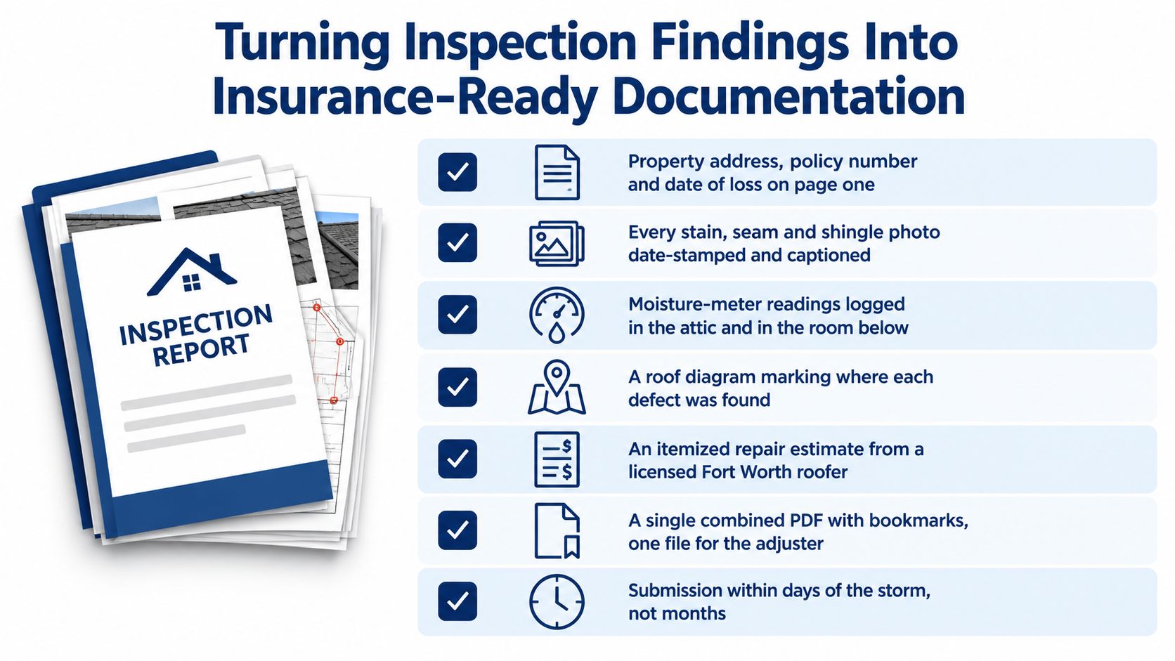 A checklist infographic detailing the necessary components for submitting a professional insurance-ready roof inspection report for claims.