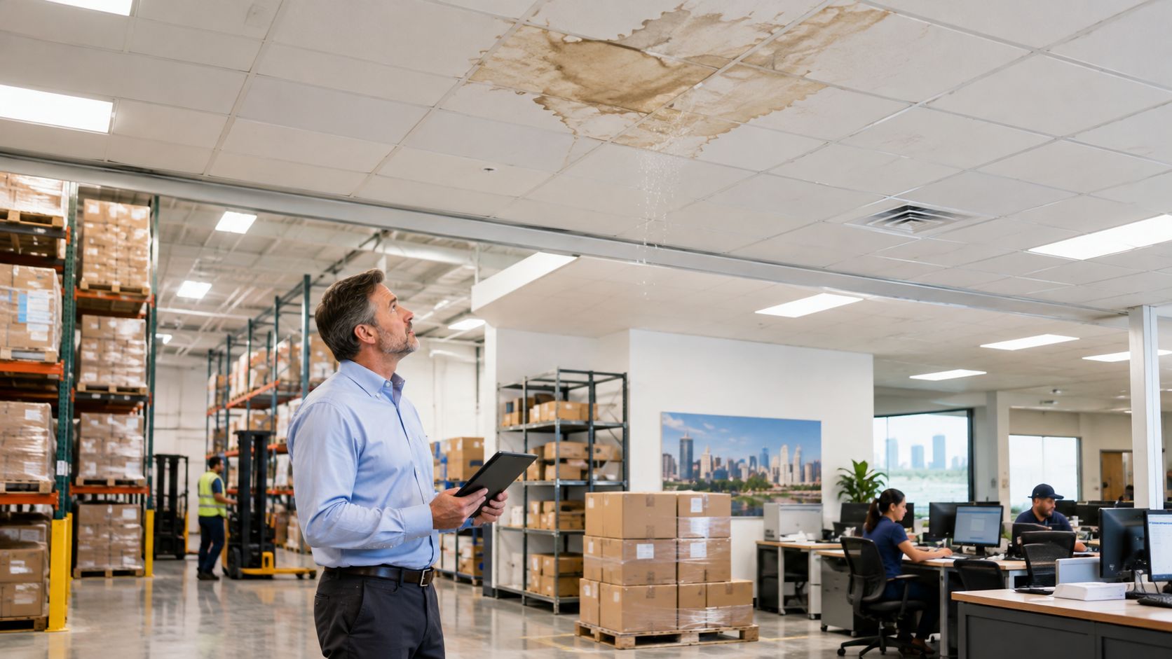 A manager holding a tablet looks up at a leaking commercial ceiling in a warehouse office space.