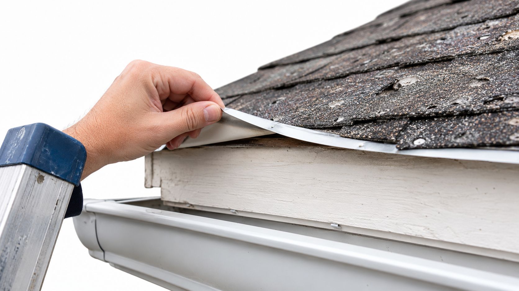 A construction worker inspects the metal drip edge installed along the edge of a shingled roof.