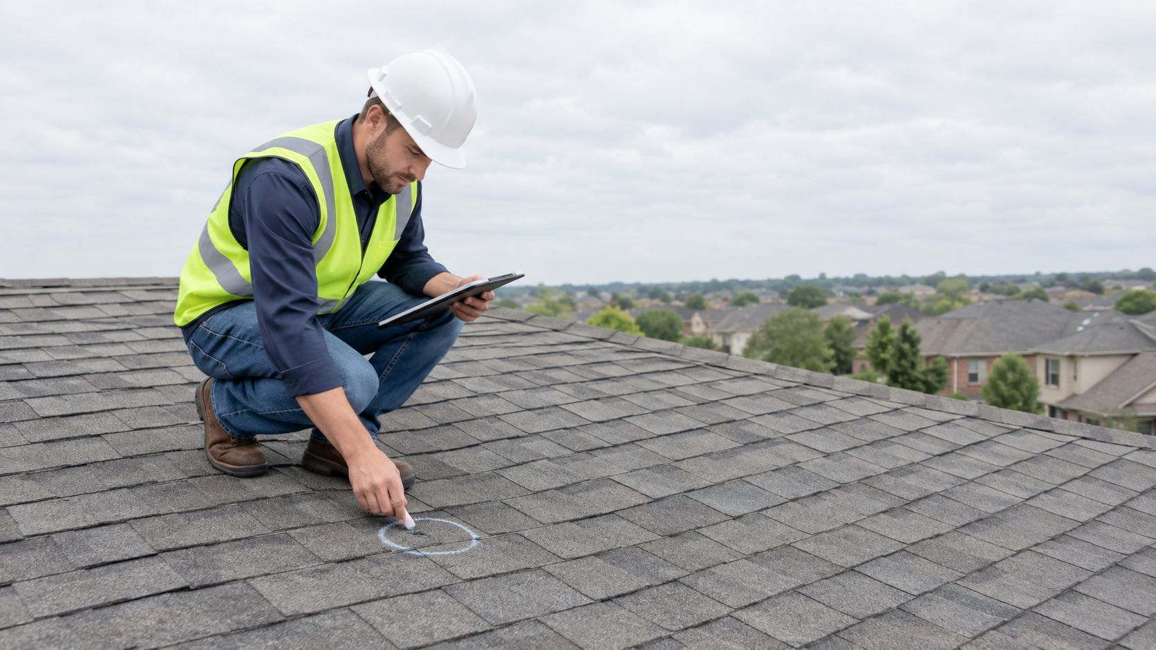 A professional roofing inspector wearing a safety helmet and reflective vest marks hail damage on a roof.