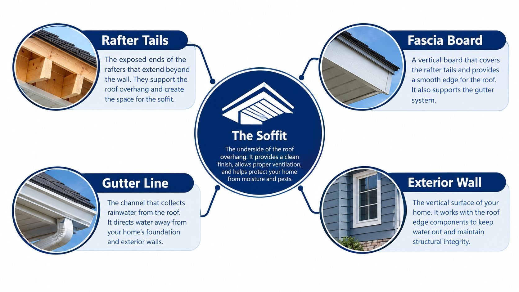 An infographic showing the components of a roof overhang, including the soffit, fascia board, and rafters.