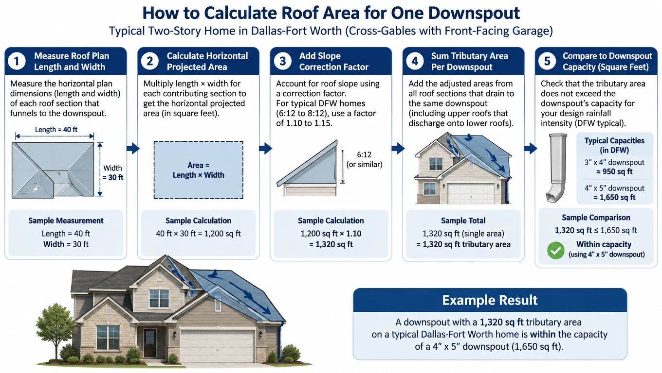 A step-by-step infographic illustrating how to calculate roof area for downspout capacity on a residential home.