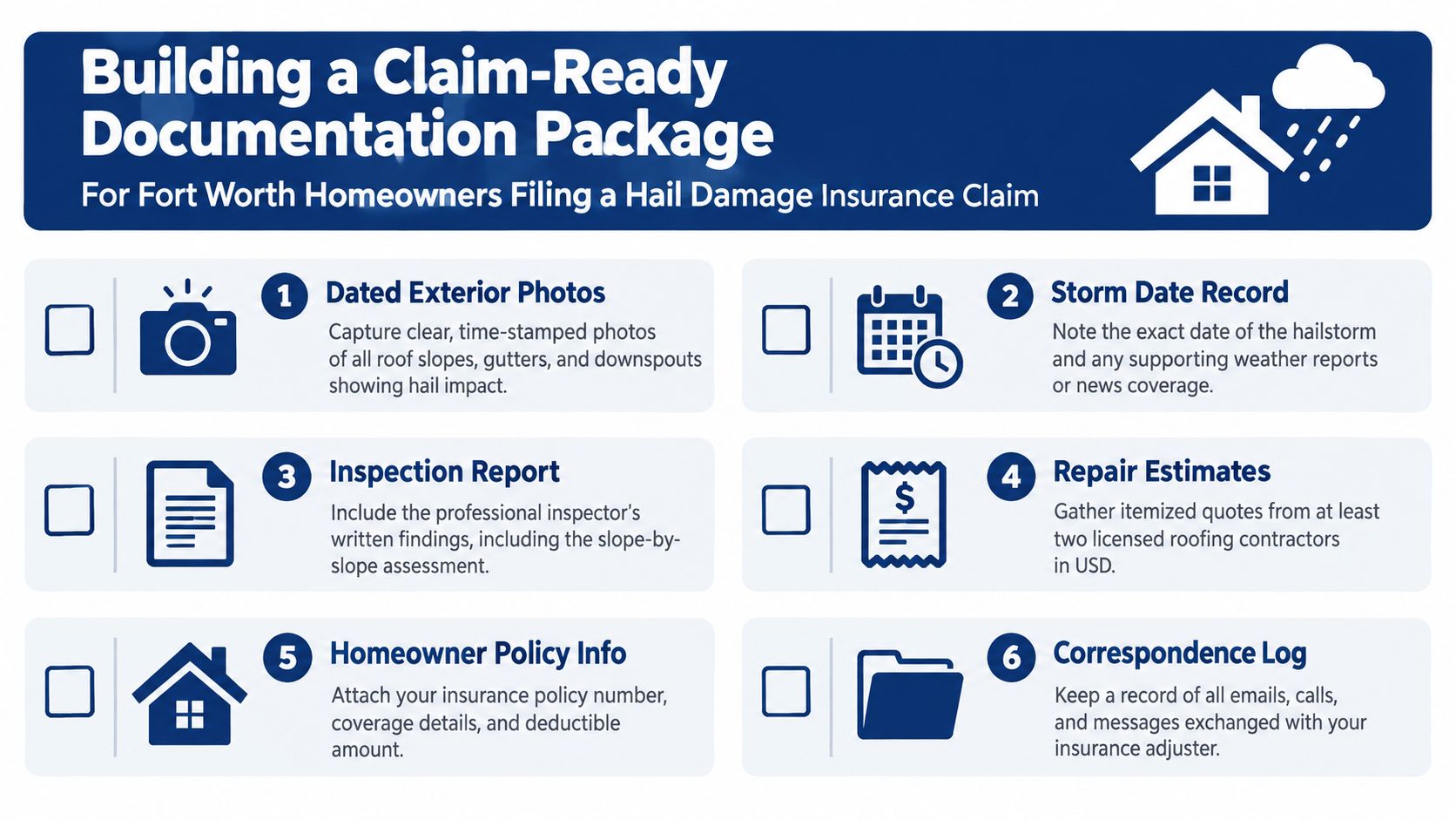 A checklist infographic guiding Fort Worth homeowners on preparing a complete documentation package for hail damage insurance claims.