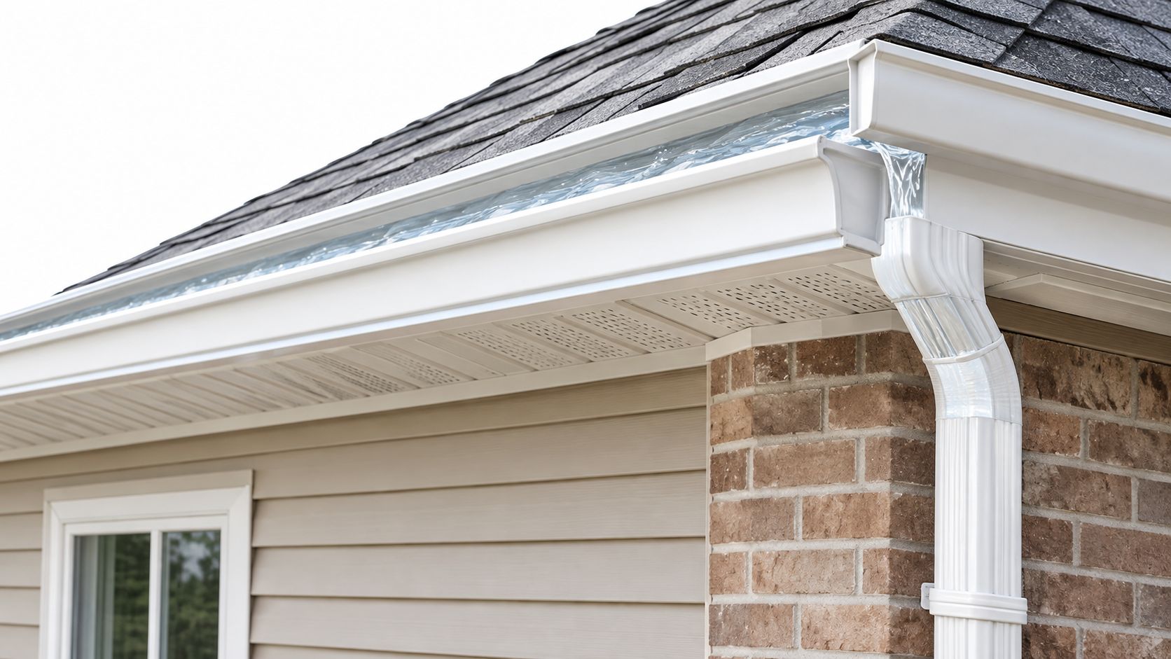 A close-up view of a clean white gutter system installed on the roof edge of a house.