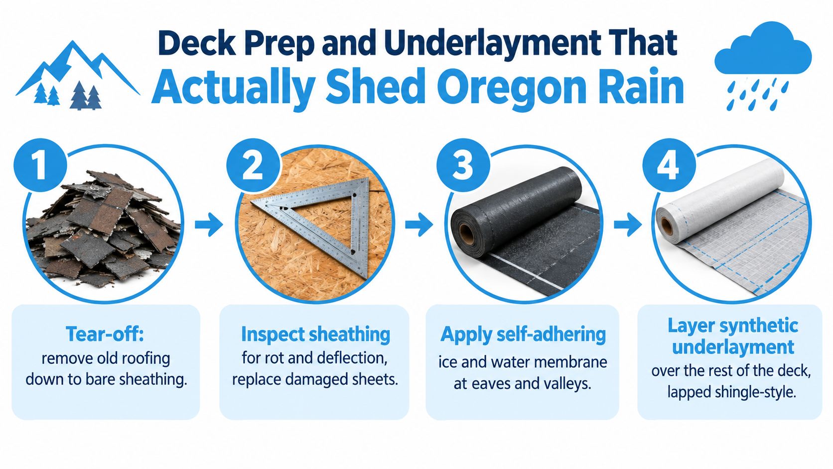 An infographic showing the four essential steps for deck preparation and roof underlayment installation.