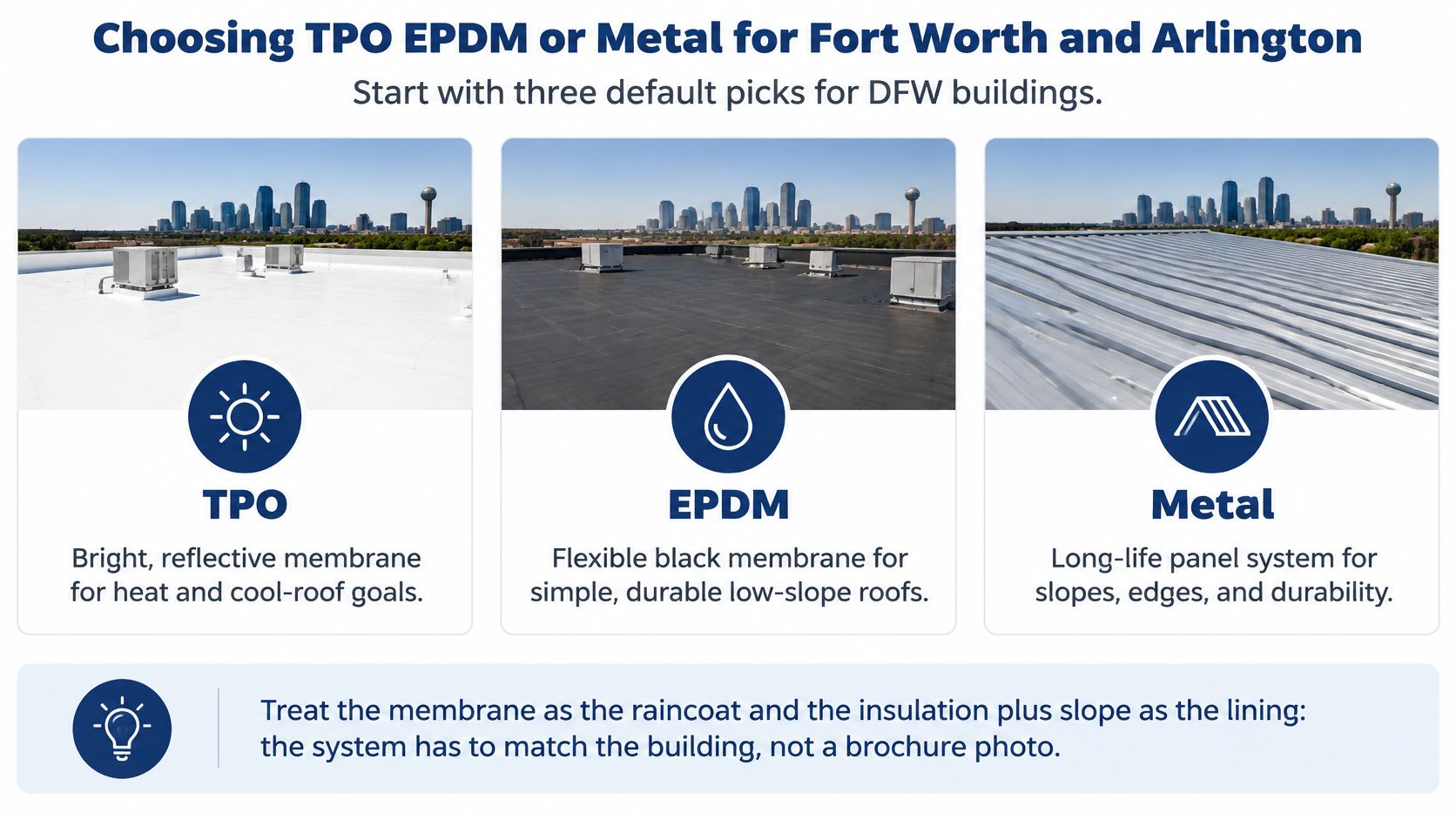 A comparison guide for choosing TPO, EPDM, or metal roofing systems for commercial buildings in DFW.