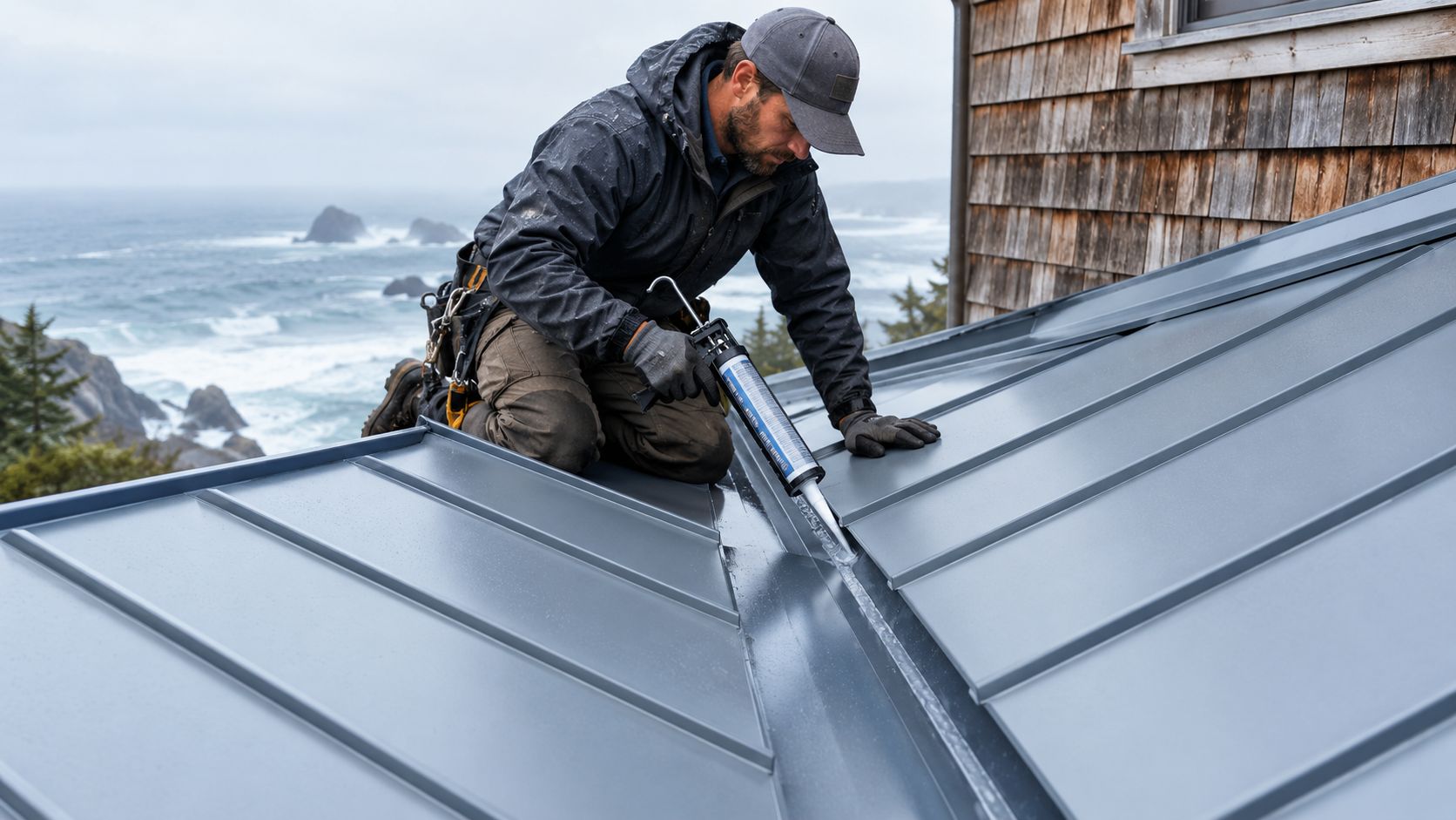 A professional construction worker applying sealant to a metal roof valley near the coast.