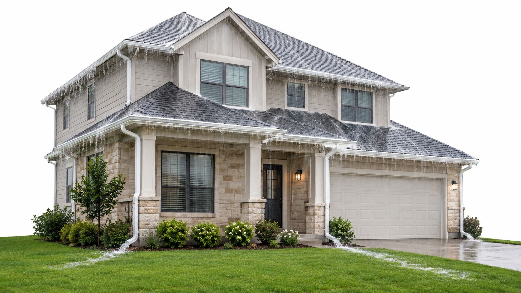 A modern two-story suburban house during a heavy rainstorm with water overflowing from the rain gutters.