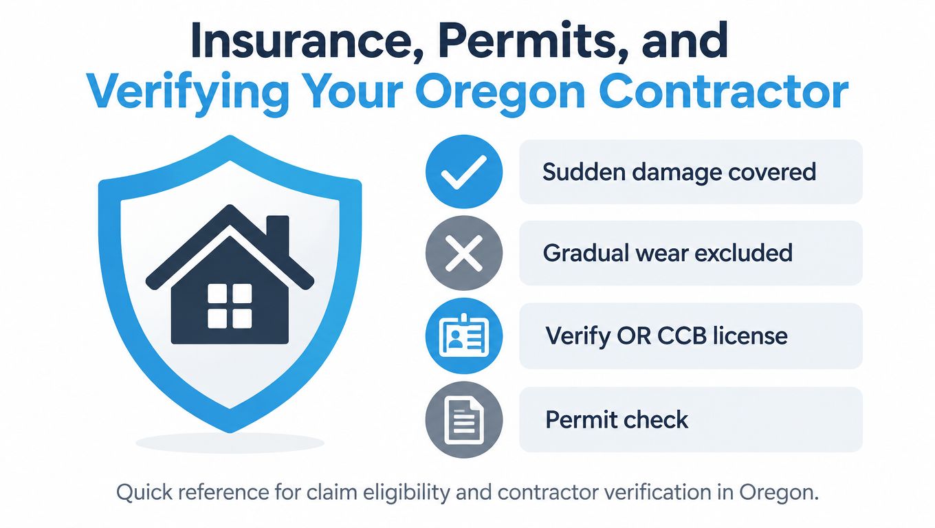 An infographic summarizing insurance coverage for sudden damage versus wear and how to verify Oregon contractors.