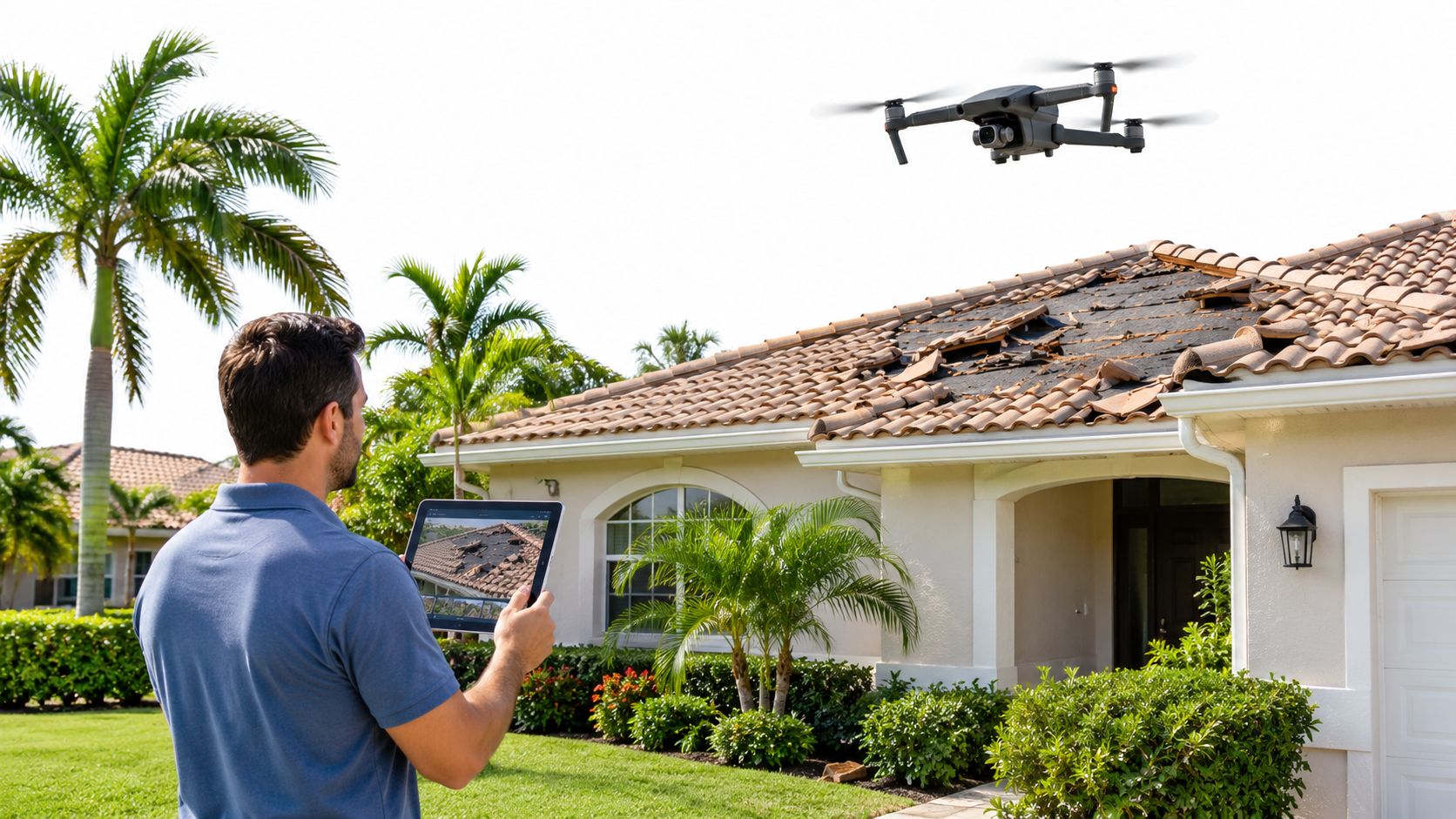 A professional drone operator using a tablet to inspect damage on a residential house roof via drone.