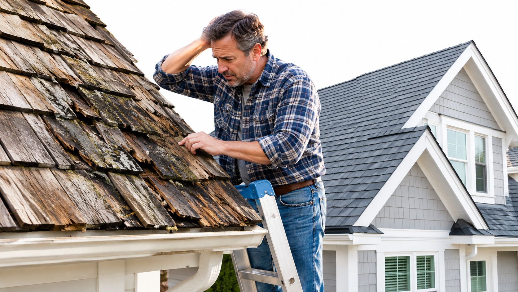 A concerned homeowner inspecting damaged, weathered wooden roof shingles while standing on a tall ladder.