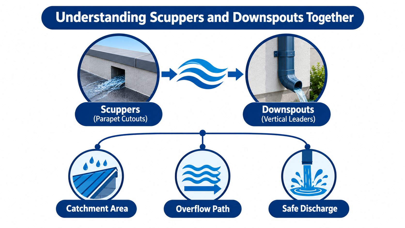 A diagram illustrating the drainage relationship between roof scuppers, downspouts, catchment areas, and safe water discharge.