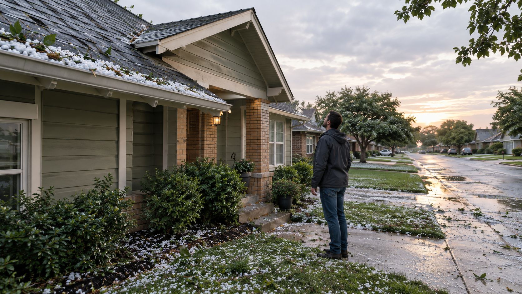 A man stands in a yard inspecting hail damage on a house roof after a storm.