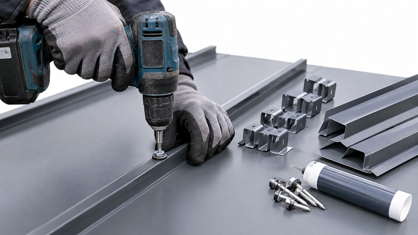 A professional construction worker uses a power drill to fasten a metal roofing panel during installation.