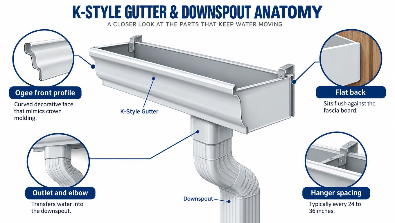 A detailed anatomy diagram of a K-style gutter system including the profile, downspout, and mounting components.