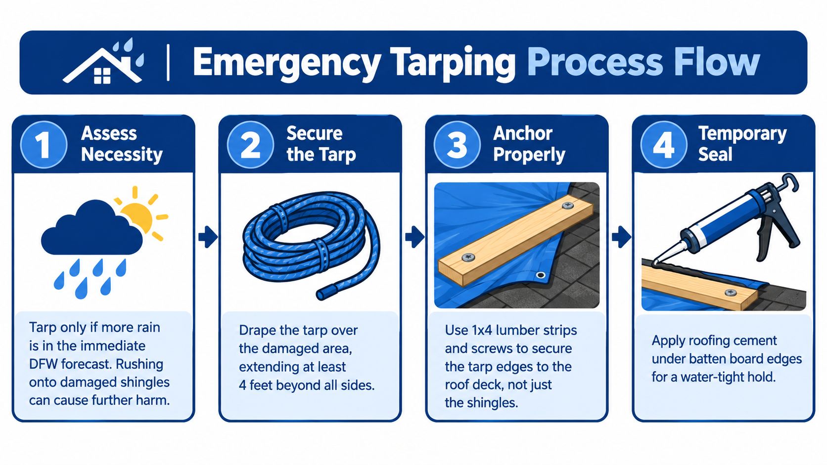 An infographic showing the four-step process for applying an emergency tarp to a damaged roof.
