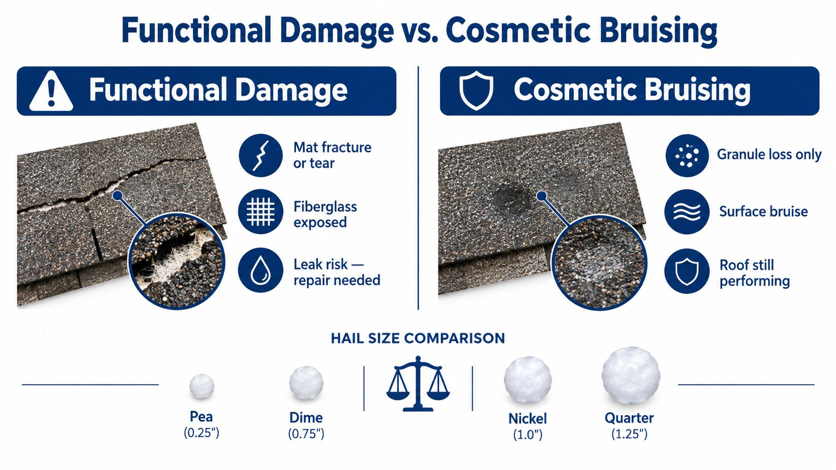 A comparison chart showing the difference between functional roof damage and cosmetic hail bruising on shingles.