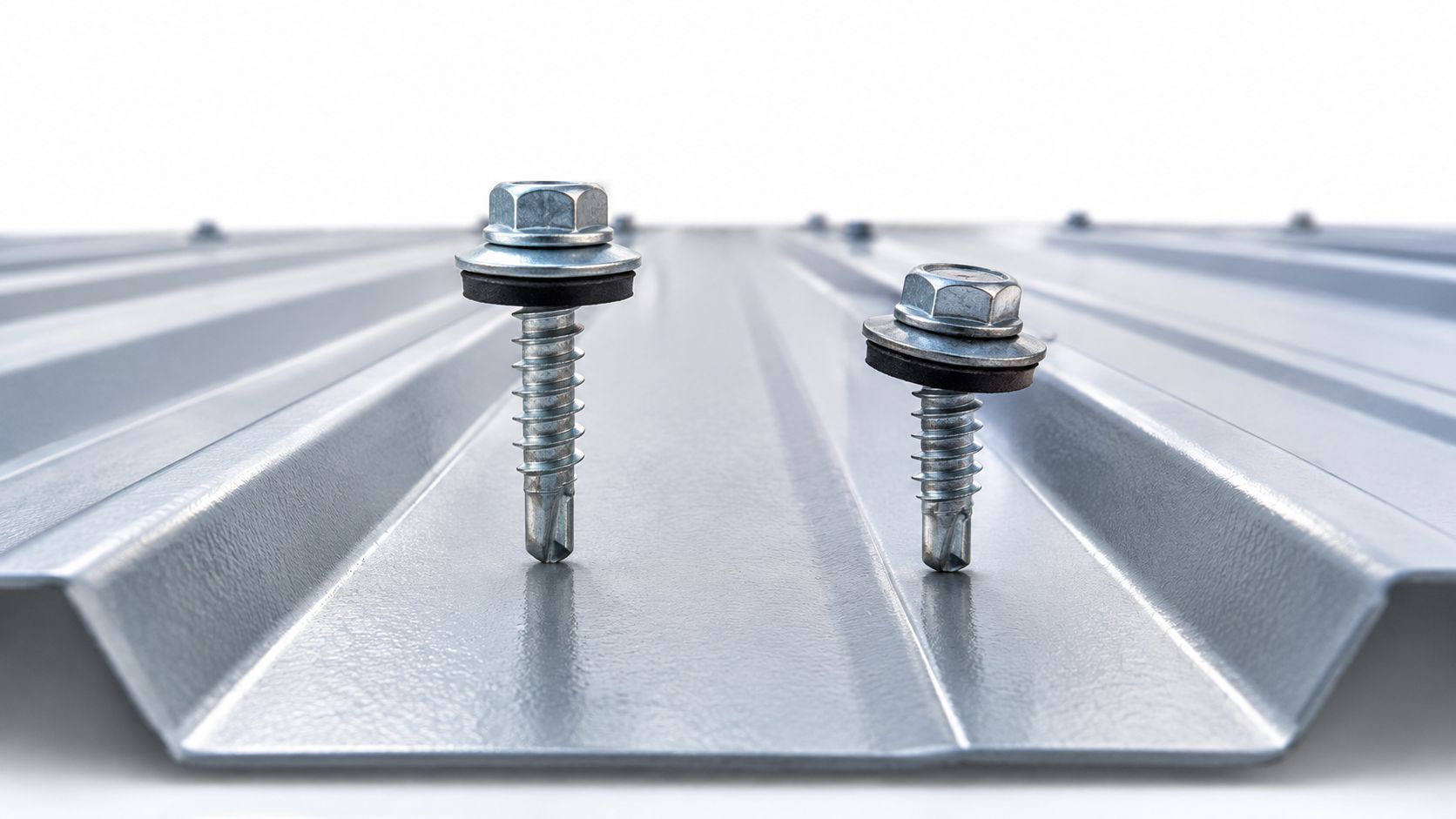 Two metal roofing screws with rubber washers placed vertically on a corrugated silver metal sheet.