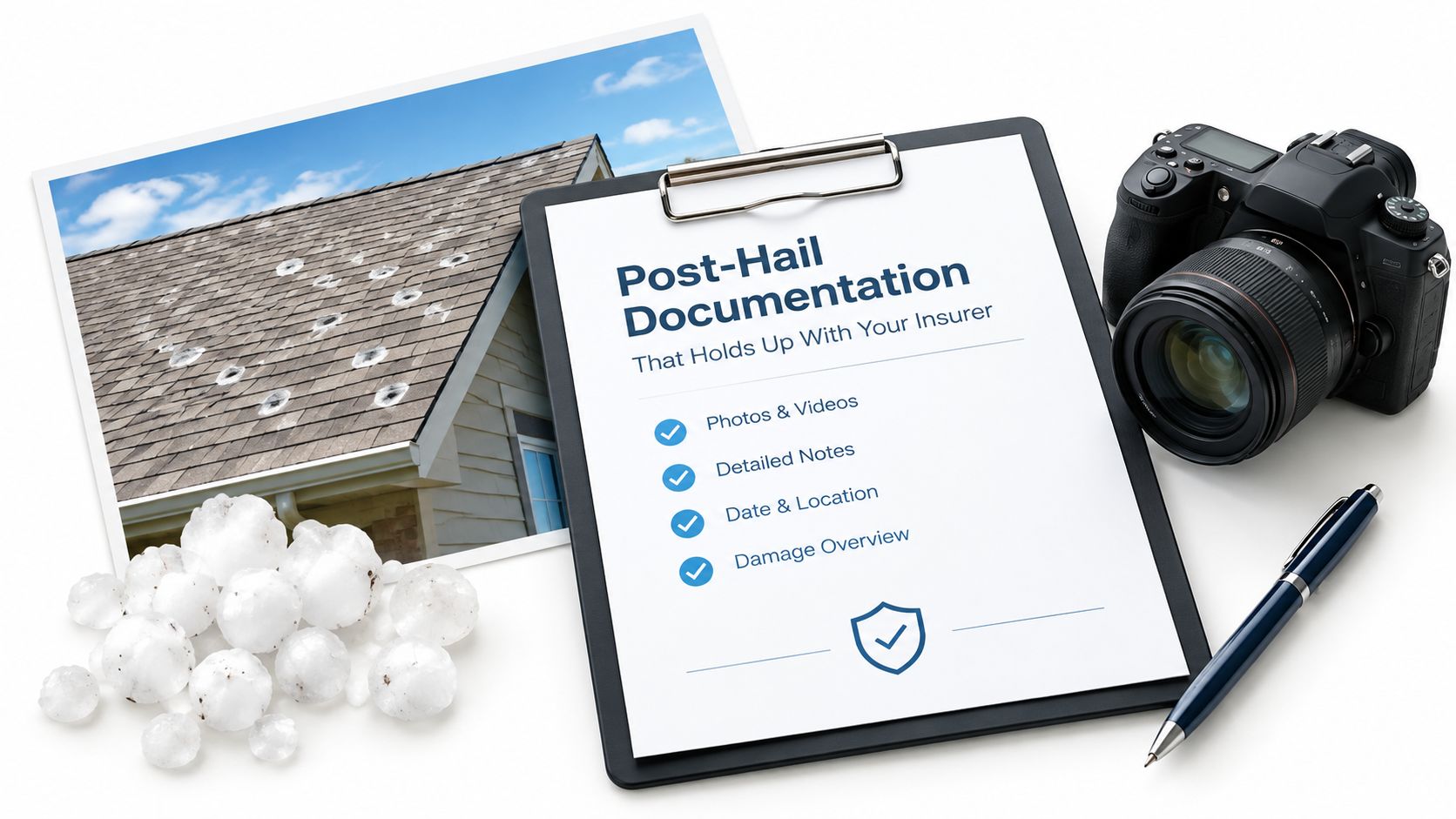 A clipboard with a hail damage checklist, a camera, a pen, and a photo of a damaged roof.