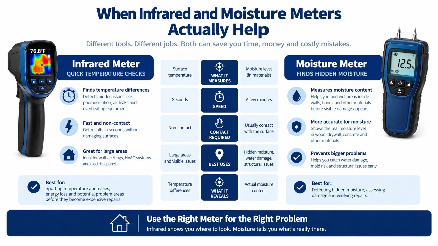 A comparison chart explaining the different uses and benefits of infrared thermometers versus moisture meters for inspections.