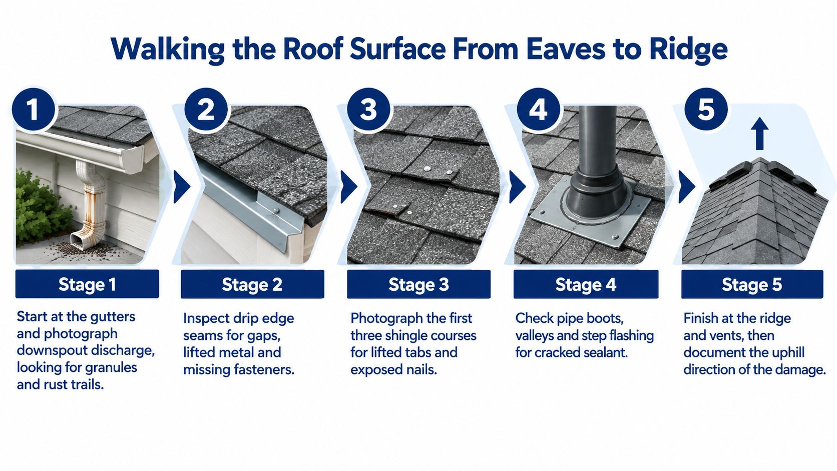 A five stage infographic showing the proper process for walking and inspecting a roof surface for damage.