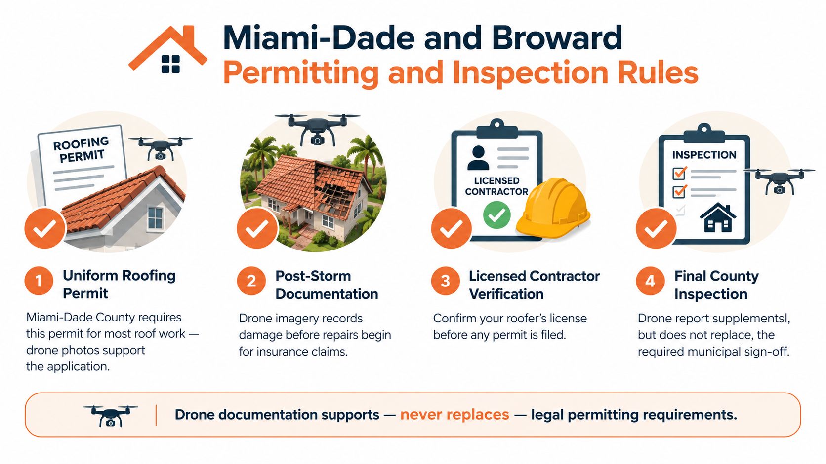 An infographic showing four steps for roofing permits and inspections using drones in Miami-Dade and Broward counties.