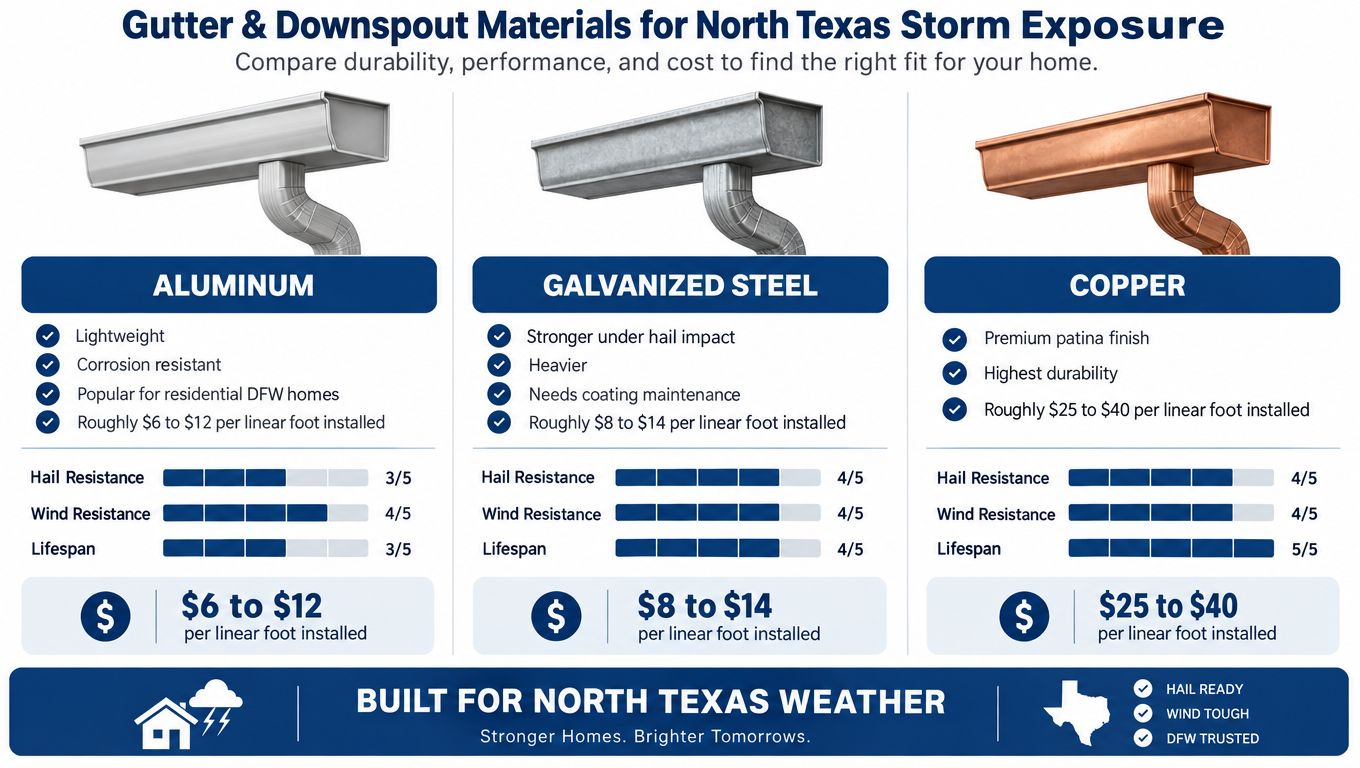 A comparison chart of aluminum, galvanized steel, and copper gutter materials for homes in North Texas.